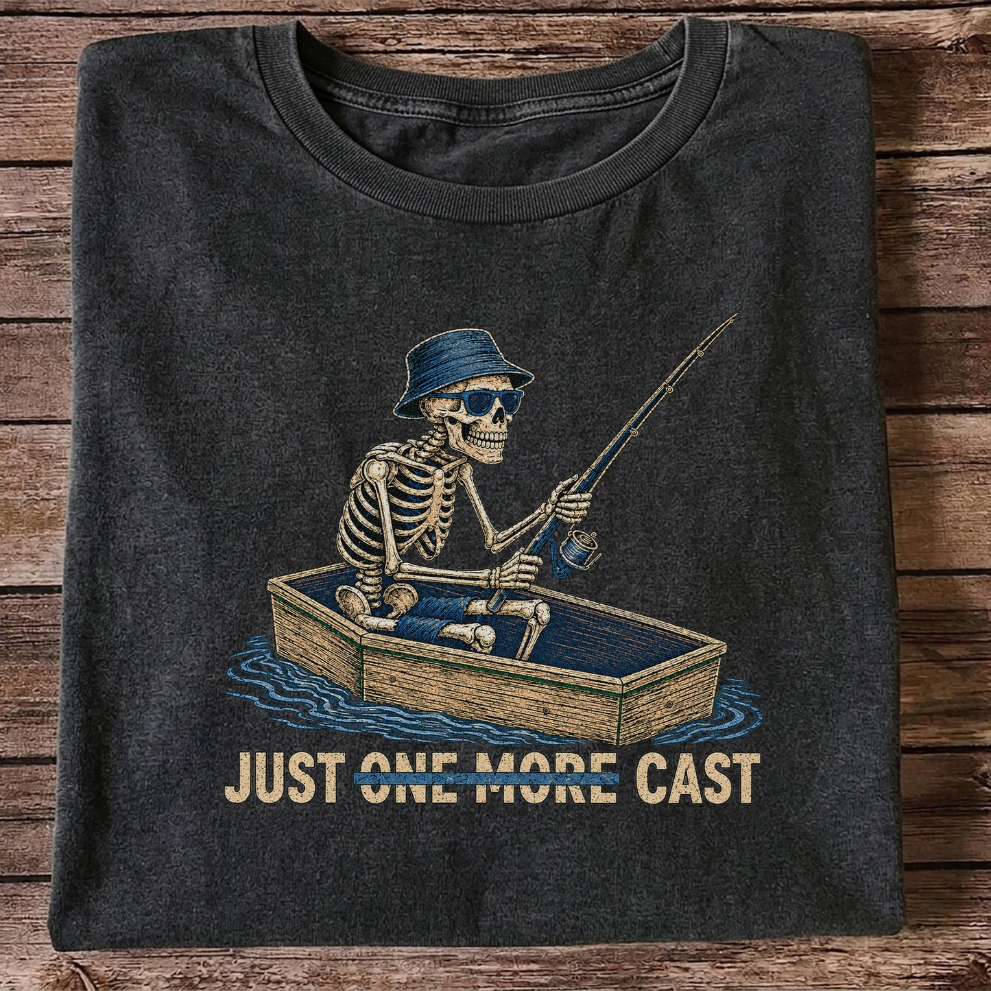 Just One More Cast Skeleton Fishing Boat Graphic T-Shirt