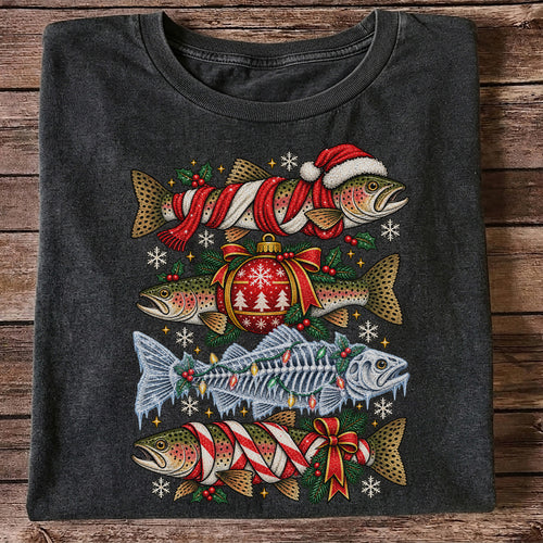 Christmas Rainbow Trout and Fish Skeleton Fishing Graphic T-Shirt