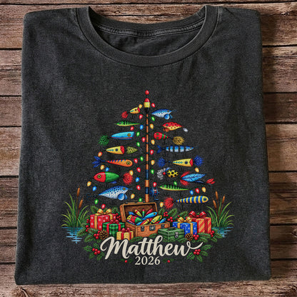 Personalized Christmas Fishing Lure Tree Name Graphic T-Shirt