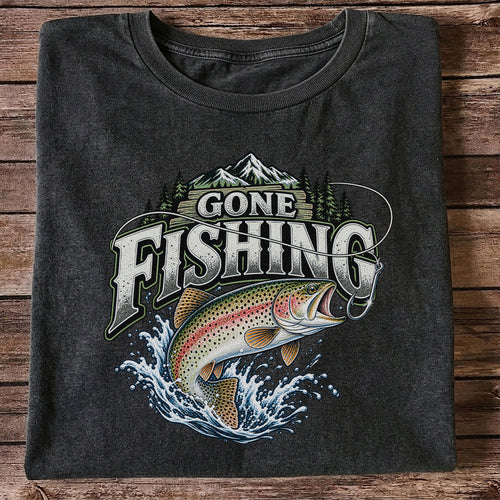 Gone Fishing Rainbow Trout and Mountains Graphic T-Shirt