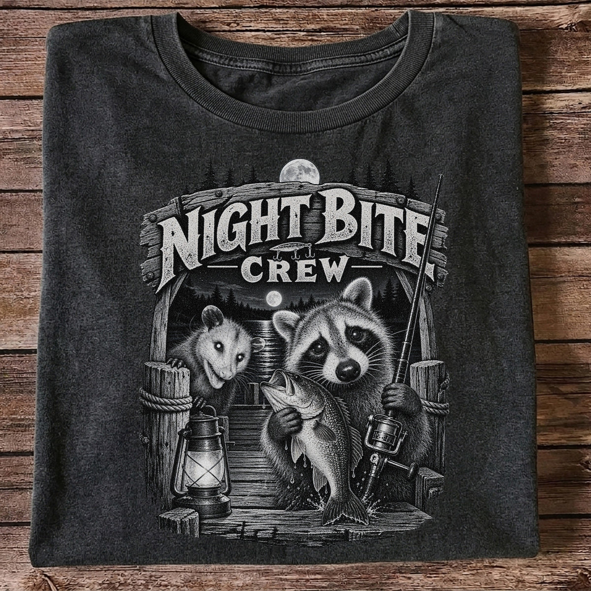 Night Bite Crew Raccoon and Bass Fishing Graphic T-Shirt