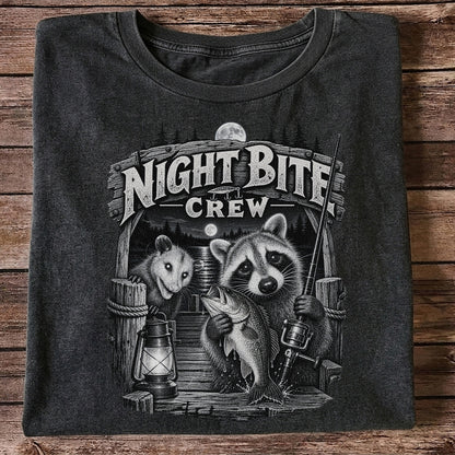 Night Bite Crew Raccoon and Bass Fishing Graphic T-Shirt