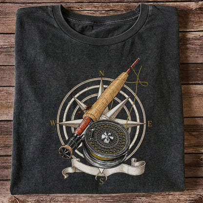 Vintage Fly Fishing Rod Reel and Compass Graphic T-Shirt