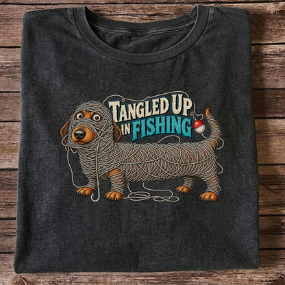 Tangled Up in Fishing Funny Dachshund Dog Graphic T-Shirt
