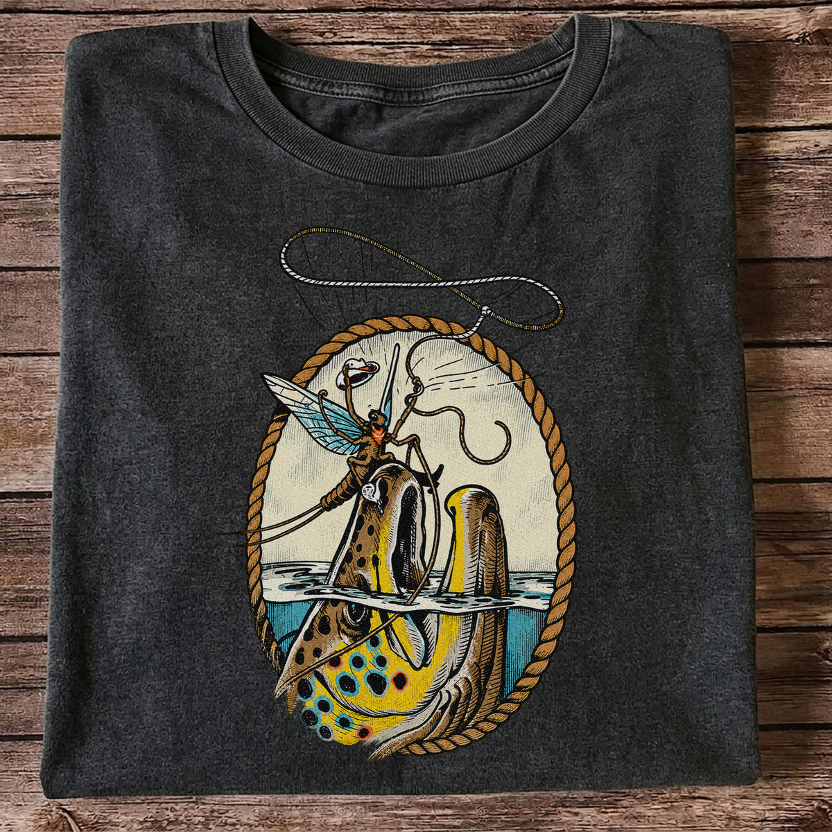 Brown Trout and Winged Fly Angler Vintage Fishing Graphic T-Shirt