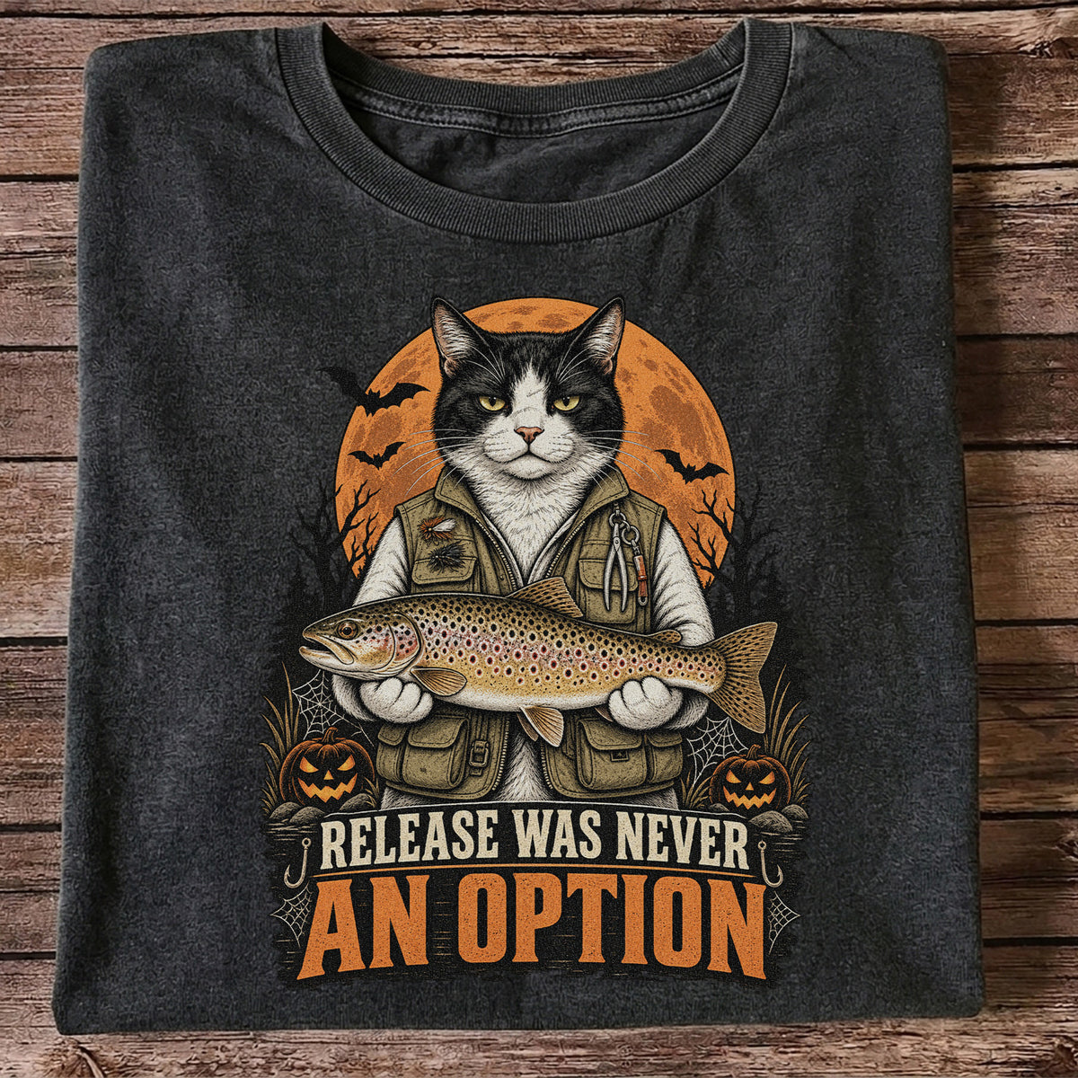 Release Was Never an Option Cat Holding Brown Trout Halloween Fishing T-Shirt