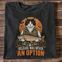 Release Was Never an Option Cat Holding Brown Trout Halloween Fishing T-Shirt