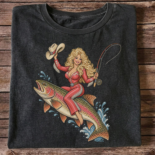 Cowgirl Riding a Rainbow Trout Western Fishing Graphic T-Shirt