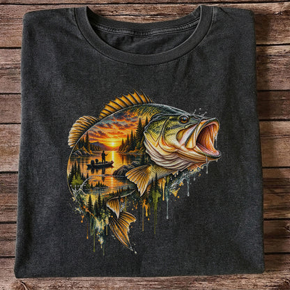 Largemouth Bass Sunset Lake Landscape Fishing Graphic T-Shirt