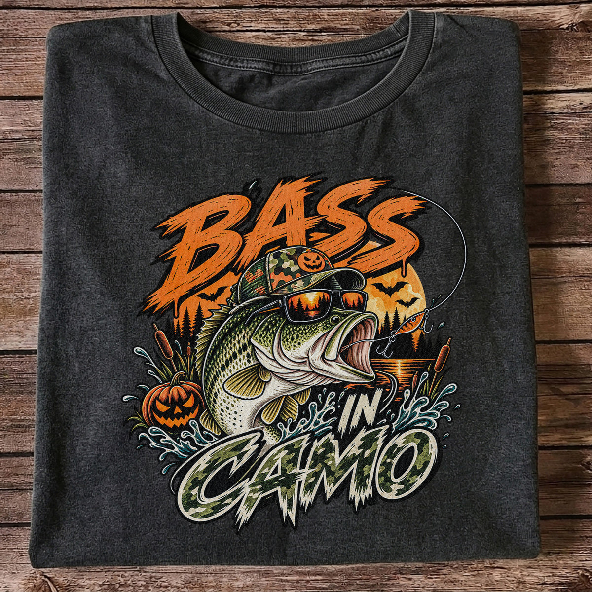 Bass in Camo Halloween Pumpkin Bass Fishing Graphic T-Shirt