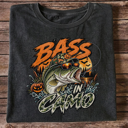 Bass in Camo Halloween Pumpkin Bass Fishing Graphic T-Shirt