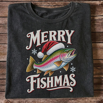 Merry Fishmas Rainbow Trout in a Santa Hat Christmas Fishing T-Shirt
