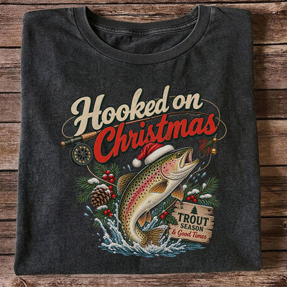 Hooked on Christmas Rainbow Trout in Santa Hat Fishing T-Shirt