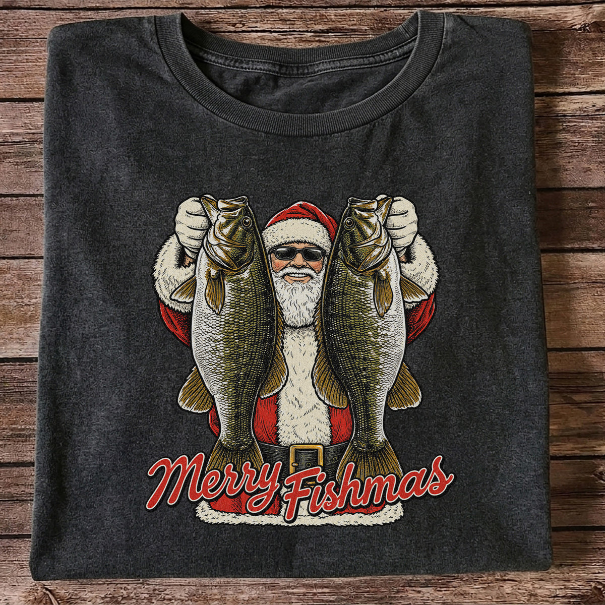 Santa Holding Bass Christmas Fishing Graphic T-Shirt