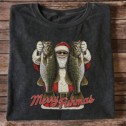 Santa Holding Bass Christmas Fishing Graphic T-Shirt