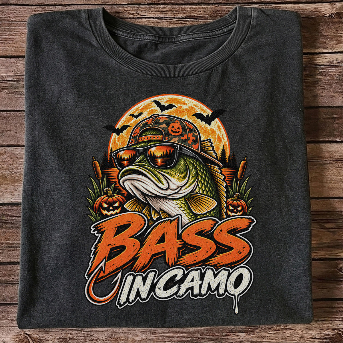 Bass in Camo Halloween Bass Fishing Graphic T-Shirt