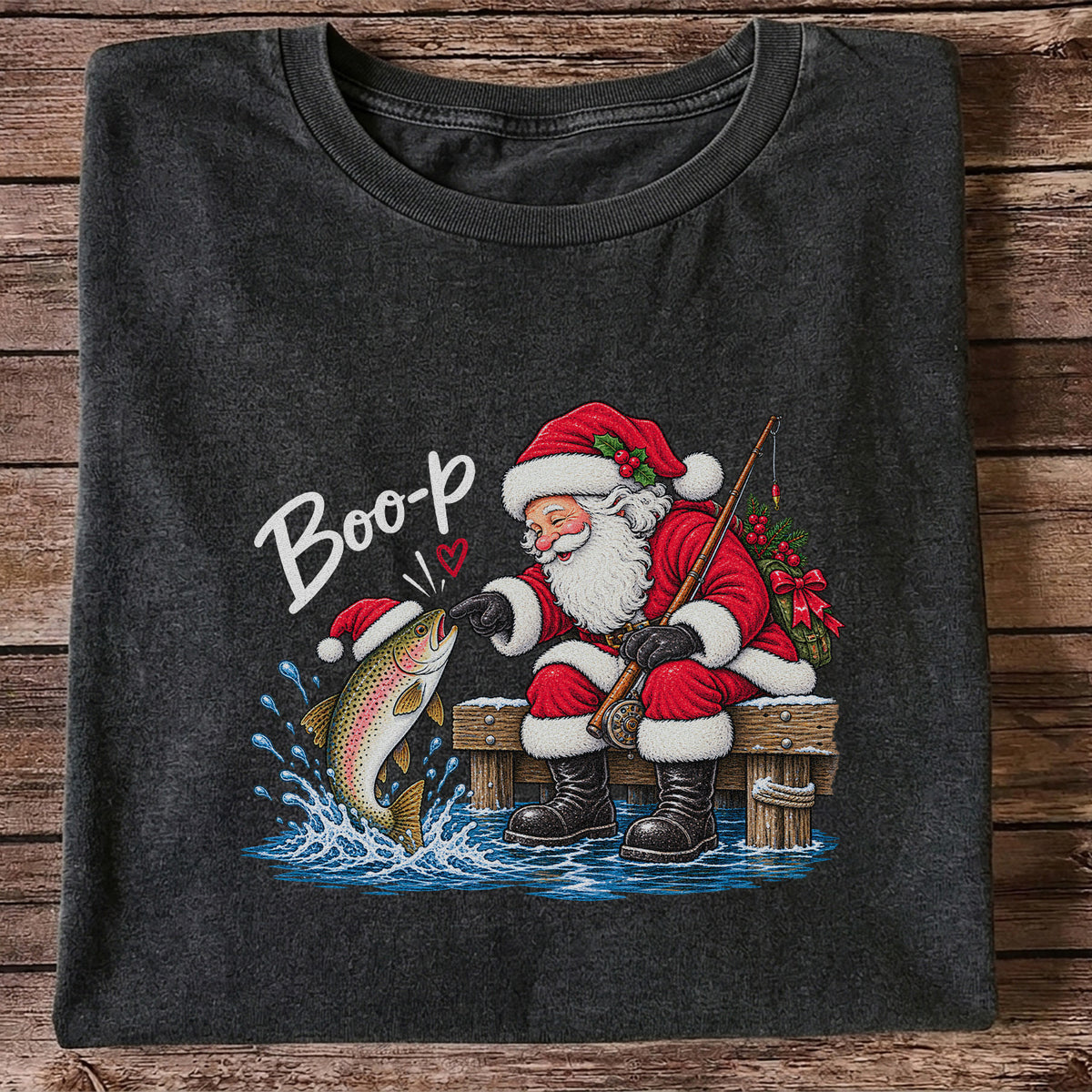 Santa Fishing for Rainbow Trout Christmas Graphic T-Shirt