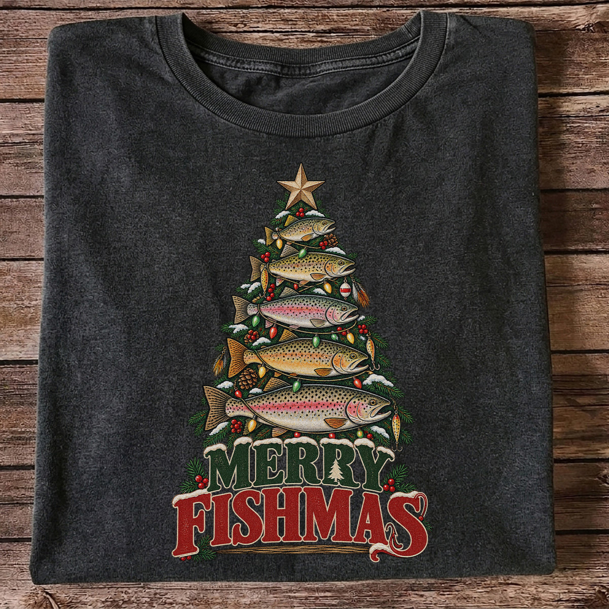 Merry Fishmas Trout Christmas Tree Fishing T-Shirt