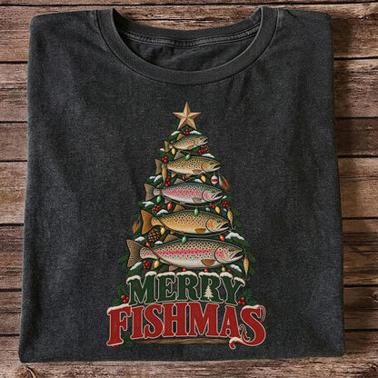 Merry Fishmas Trout Christmas Tree Fishing T-Shirt