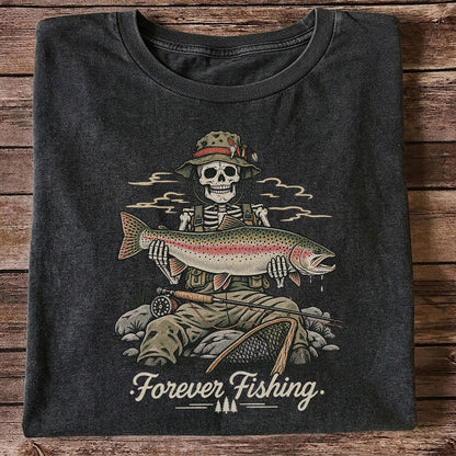 Forever Fishing Skeleton Holding Rainbow Trout Graphic T-Shirt