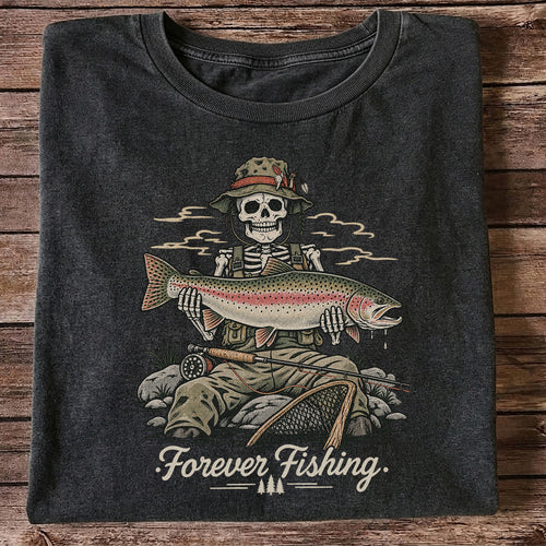 Forever Fishing Skeleton Holding Rainbow Trout Graphic T-Shirt
