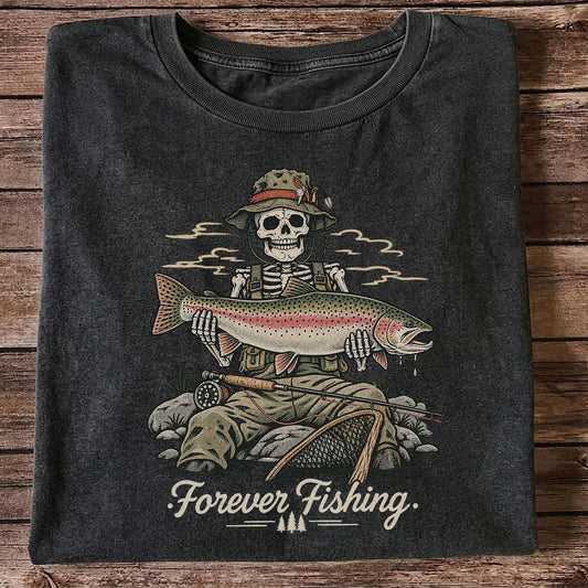 Forever Fishing Skeleton Holding Rainbow Trout Graphic T-Shirt