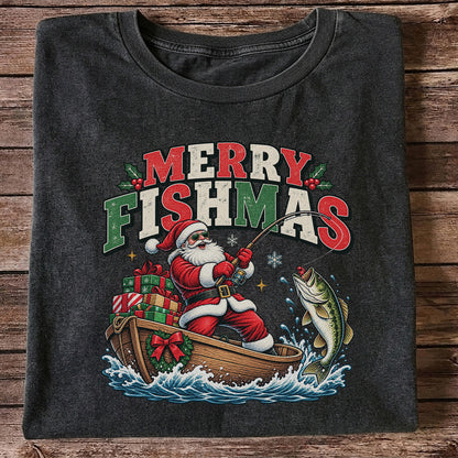 Merry Fishmas Santa Fishing for Bass Christmas Graphic T-Shirt