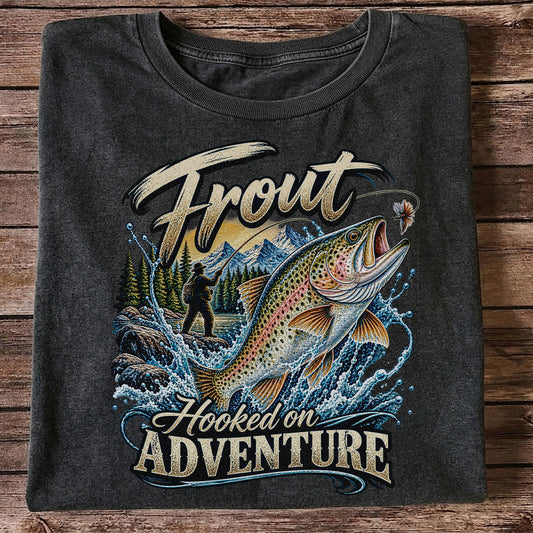 Trout Hooked on Adventure Mountain Fly Fishing T-Shirt