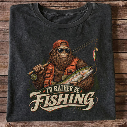 Bigfoot Holding Trout Funny Fishing Graphic T-Shirt