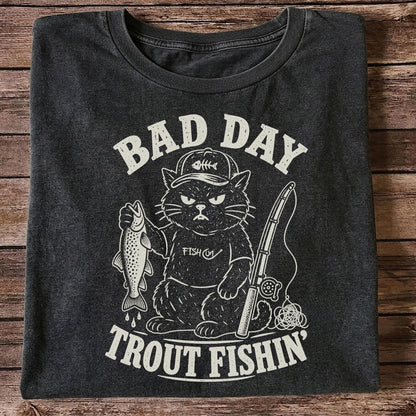 Bad Day Trout Fishin' Fish On Grumpy Black Cat Funny Fishing T-Shirt
