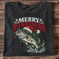 Christmas Bass Fishing Graphic T-Shirt with Santa Hat