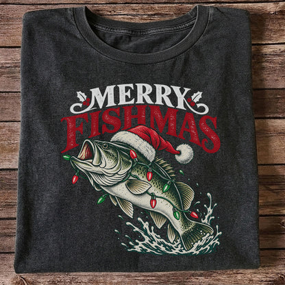 Christmas Bass Fishing Graphic T-Shirt with Santa Hat