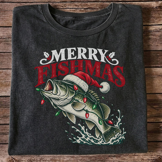 Christmas Bass Fishing Graphic T-Shirt with Santa Hat