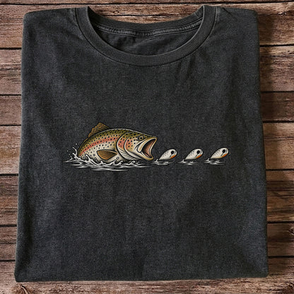 Brown Trout Chasing Fishing Lures Hand-Drawn Graphic T-Shirt