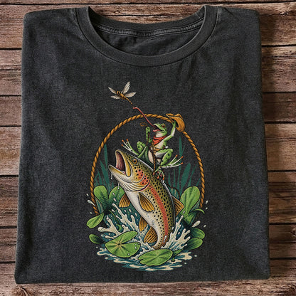 Frog Riding a Rainbow Trout Fishing Graphic T-Shirt