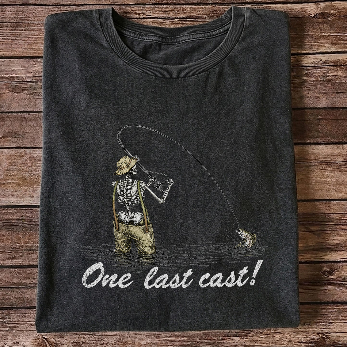 One Last Cast Skeleton Angler Fishing Graphic T-Shirt