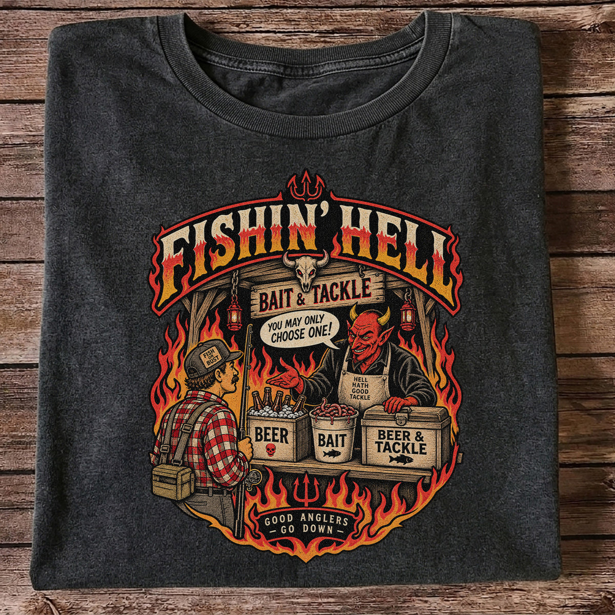Fishin' Hell Devil Bait and Tackle Funny Fishing T-Shirt