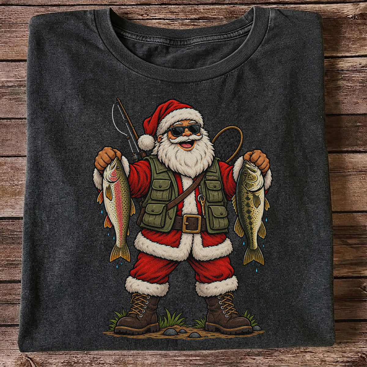 Santa Holding Rainbow Trout and Bass Christmas Fishing Graphic T-Shirt