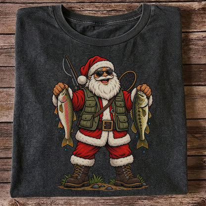 Santa Holding Rainbow Trout and Bass Christmas Fishing Graphic T-Shirt
