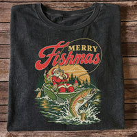Merry Fishmas Santa and Elves Trout Fishing Christmas T-Shirt
