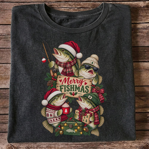 Merry Fishmas Bass Christmas Fishing Graphic T-Shirt