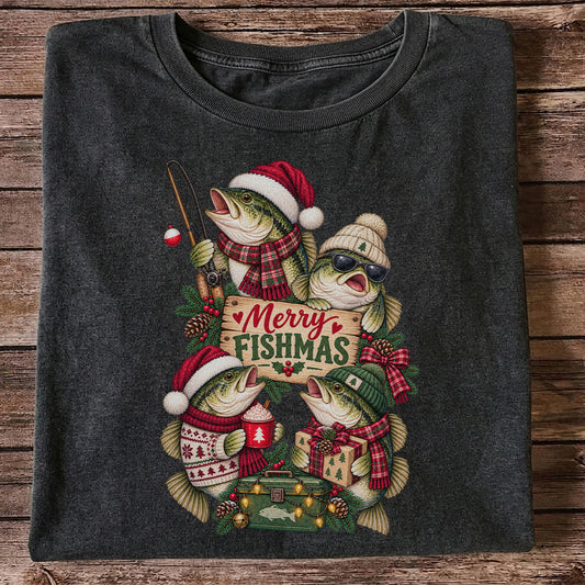 Merry Fishmas Bass Christmas Fishing Graphic T-Shirt