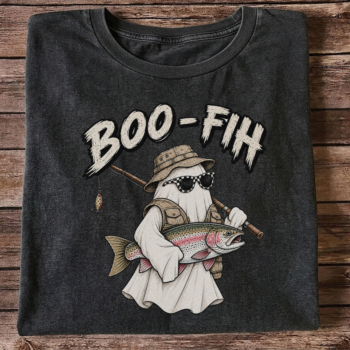 Boo-Fish Ghost Holding Rainbow Trout Fishing Graphic T-Shirt
