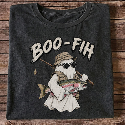 Boo-Fish Ghost Holding Rainbow Trout Fishing Graphic T-Shirt