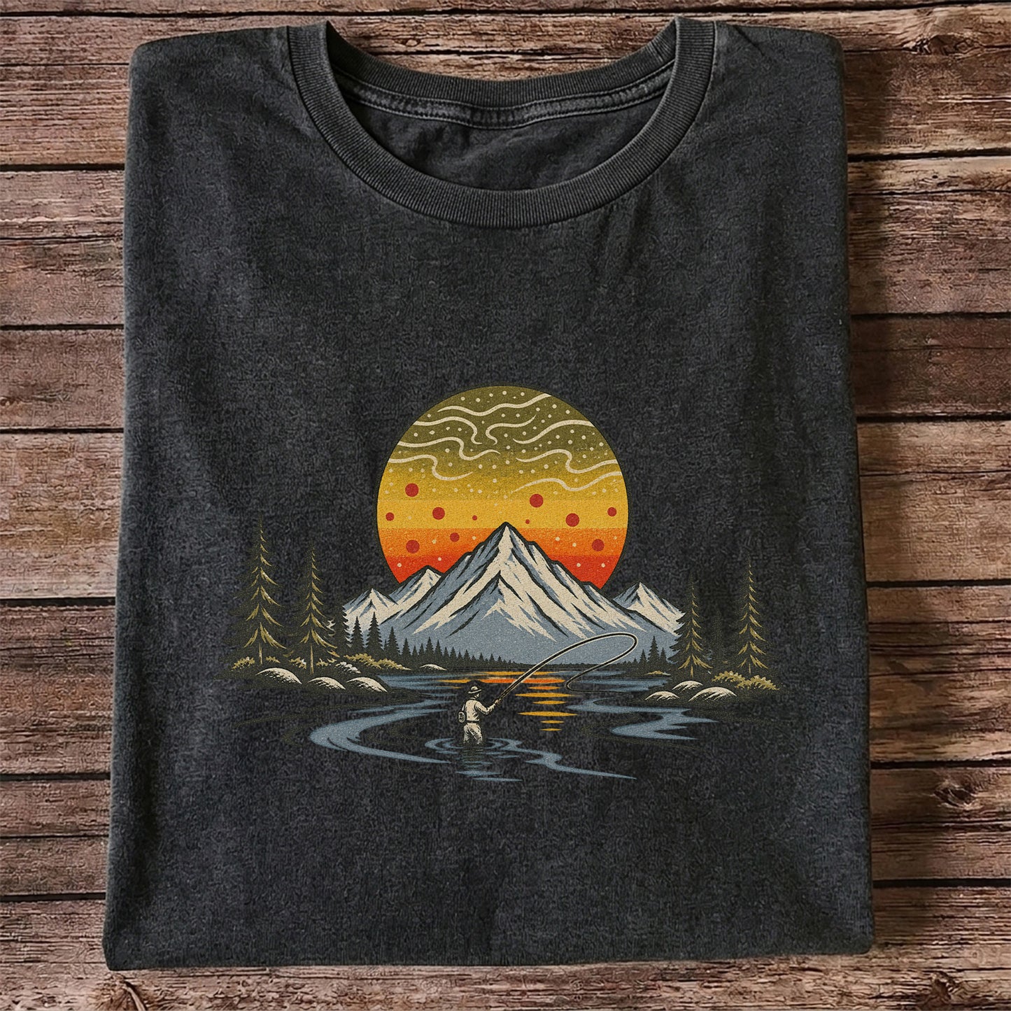 Mountain Sunset Fly Fishing Angler Graphic T-Shirt