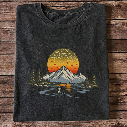 Mountain Sunset Fly Fishing Angler Graphic T-Shirt
