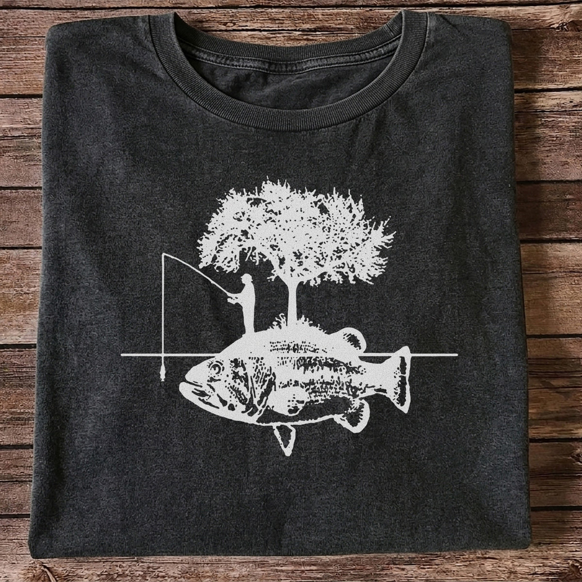 Fish and Tree Silhouette Fishing Graphic T-Shirt