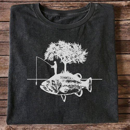 Fish and Tree Silhouette Fishing Graphic T-Shirt