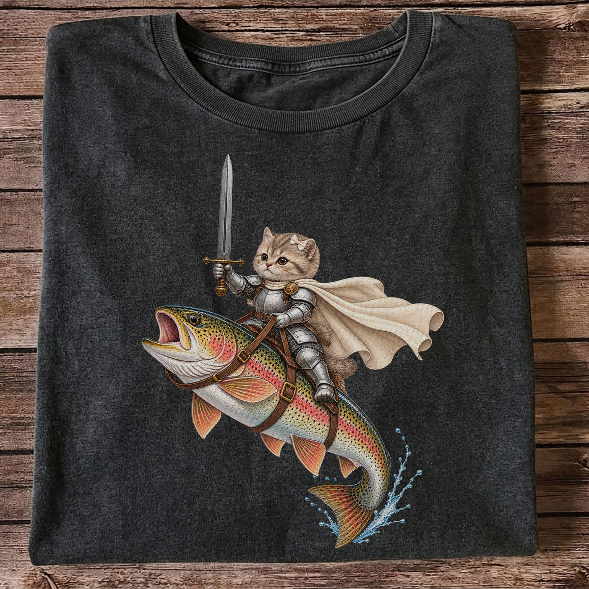 Cat Knight Riding a Rainbow Trout Fishing Graphic T-Shirt