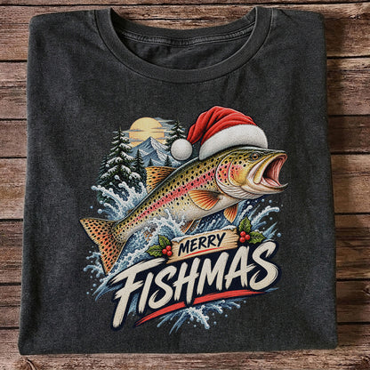 Merry Fishmas Santa Hat Rainbow Trout Fishing Graphic T-Shirt